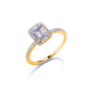18ct Yellow Gold 0.50ct Baguette & Brilliant Cut Diamonds Rectangle Halo Ring