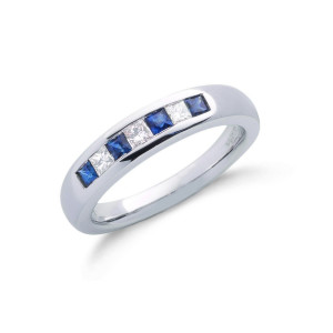 9ct White Gold Princess Cut 0.20ct Diamond & 0.35ct Blue Sapphire Eternity Ring