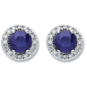 9ct White Gold 0.15ct Dia 1.20ct 5mm Round Sapphire Stud Earrings