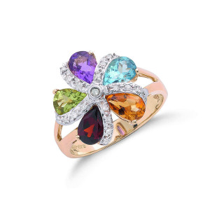 9ct Y/G Diamond & Multi Colour St Flower / Cluster Ring