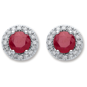 9ct White Gold 0.15ct Dia, 0.9ct  Round Ruby Stud Earrings