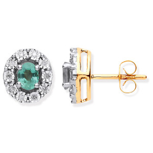 9ct YG 0.60ct Emerald & 0.08ct Diamond Oval Stud Earrings