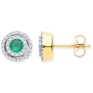 9ct YG Double Halo Diamond & Emerald Round Stud Earrings
