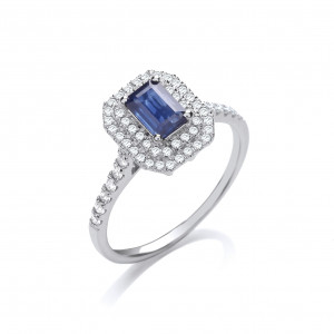 18ct WG 0.30ct Double Halo Diamond 0.60ct Octagon Cut Sapphire Ring