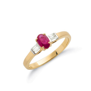 9ct Yellow Gold Baguette Cut 0.11ct Diamond & 0.60ct Ruby Ring