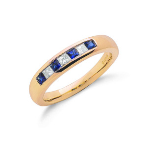 9ct Yellow Gold Princess Cut 0.20ct Diamond & 0.35ct Blue Sapphire Eternity Ring